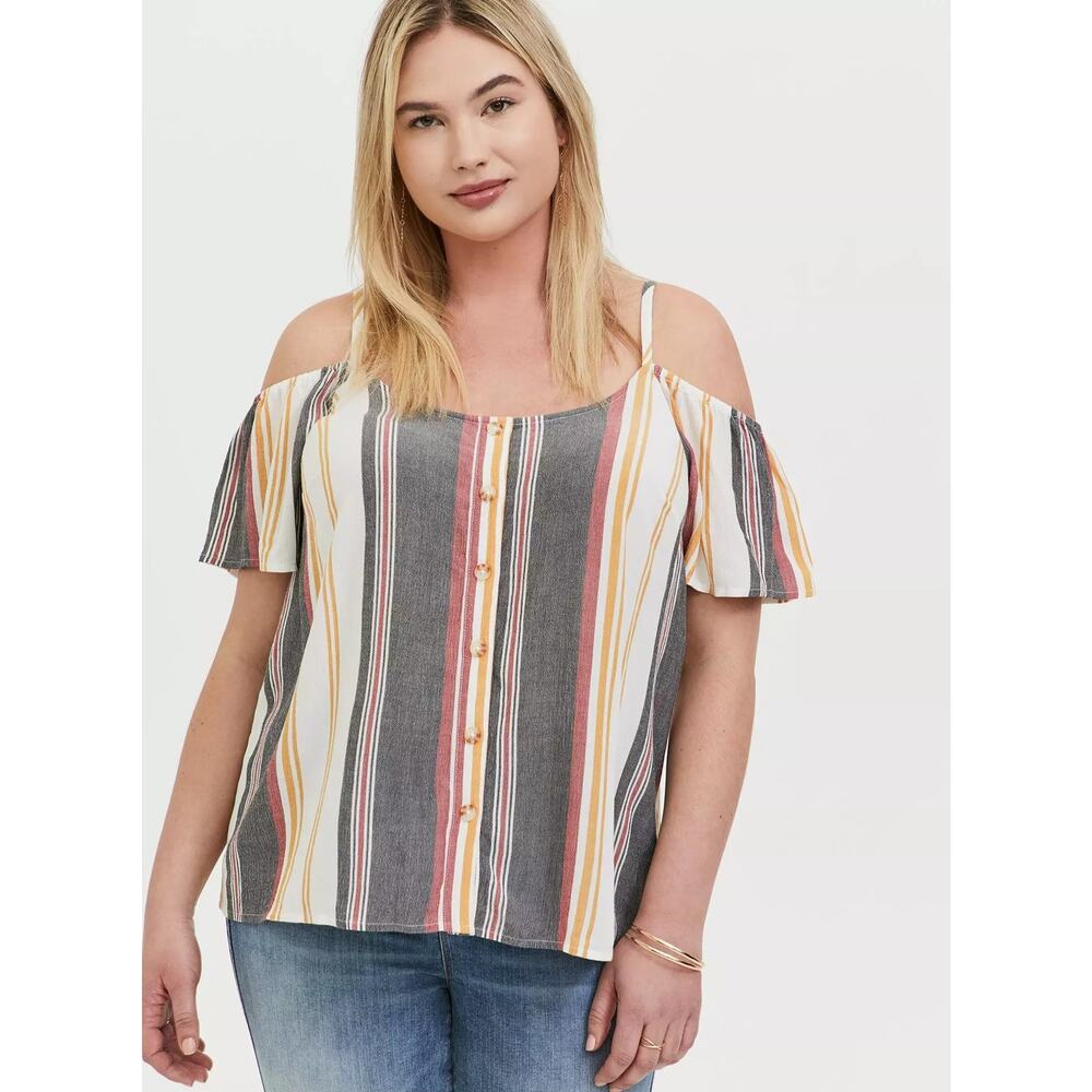 NEW‎ Torrid Rayon Crepe Button Front Cold Shoulder Top L Stripe Short Sleeve NWT